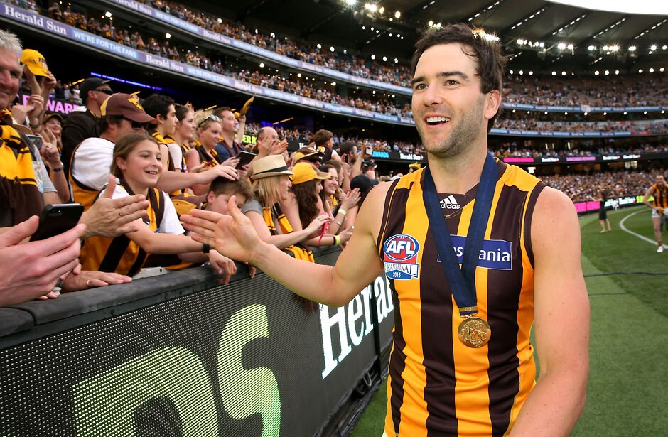 2015 Toyota AFL Grand Final - Hawthorn v West Coast MELBOURNE, AUSTRALIA - OCTOBER 3: Jordan Lewis of the Hawks celebrates after the 2015 Toyota AFL Grand Final match between the Hawthorn Hawks and the West Coast Eagles at the Melbourne Cricket Ground, Melbourne, Australia on October 3, 2015. (Photo by Adam Trafford/AFL Media)